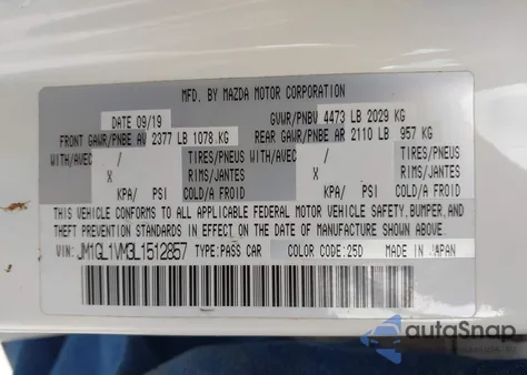 2020 Mazda Mazda6 Touring z USA, uszkodzony, nr VIN JM1GL1VM3L1512857